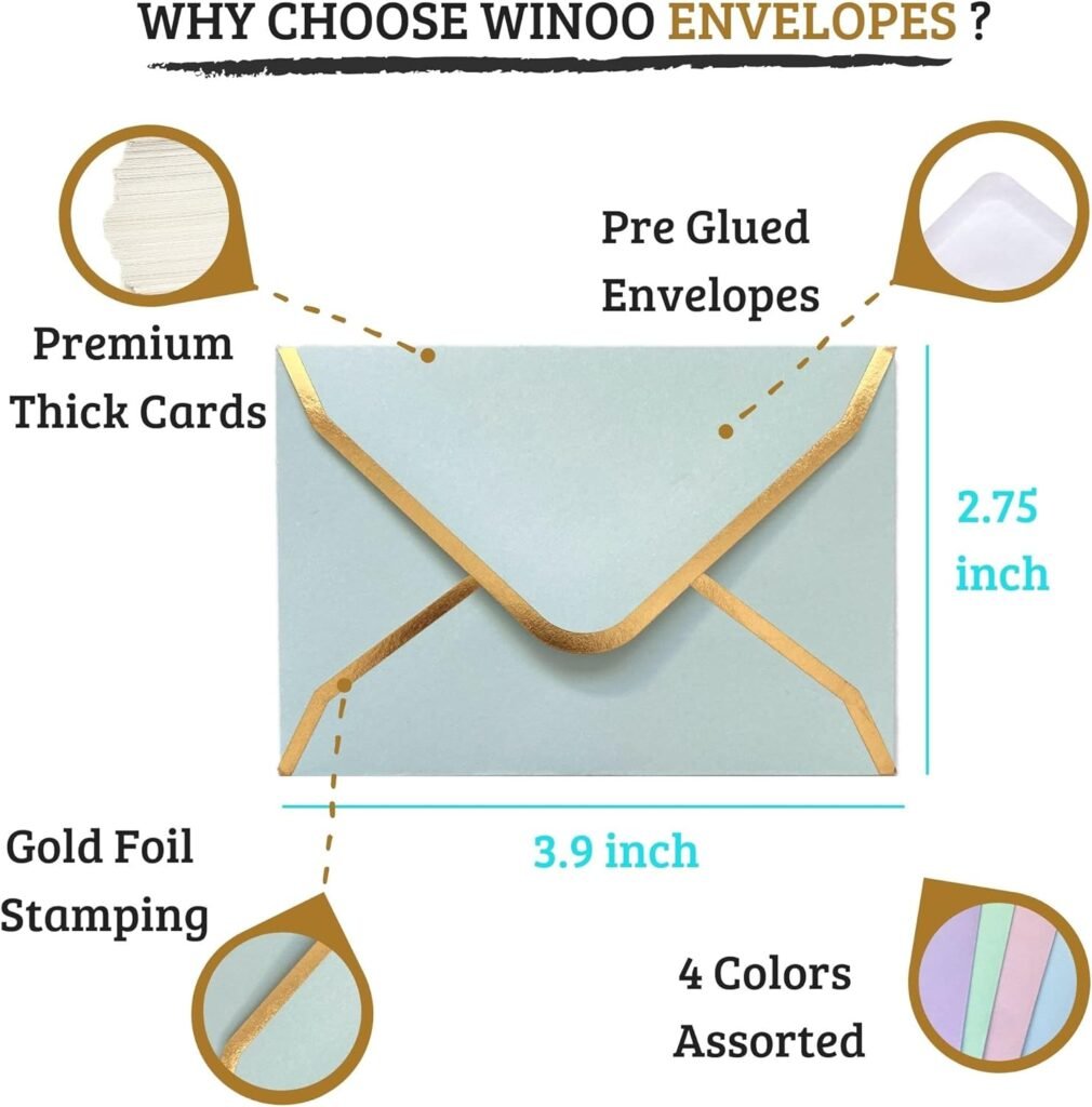 Heavy Duty Gift Card Envelopes - 48 PK - Mini Envelopes with Gold Border, Small Envelope Assorted Color for Note Cards Business Card Wedding 3.9 x 2.75 Inches