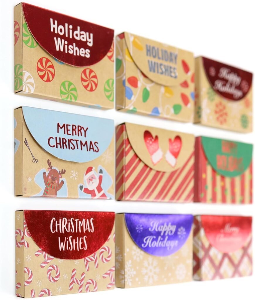 Iconikal Christmas Holiday Foil Embossed Kraft Gift Card Holder Boxes, Set of 9