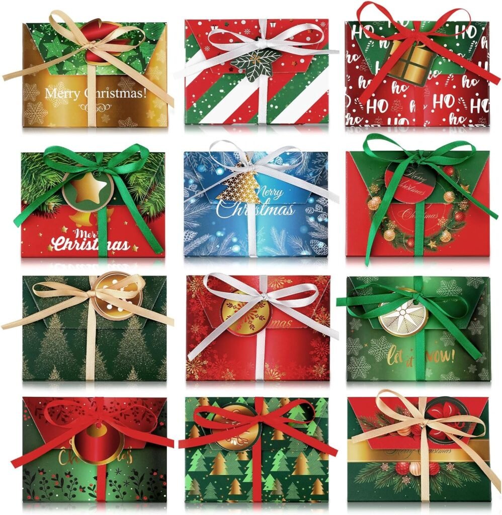 60 Sets Christmas Gift Card Box Cardboard Holiday Gift Card Holder Xmas Gift Wrap Boxes Decorative Wrapping Box with Ribbon and Gift Tags for Christmas Party Presents, 12 Designs (Kraft Style)