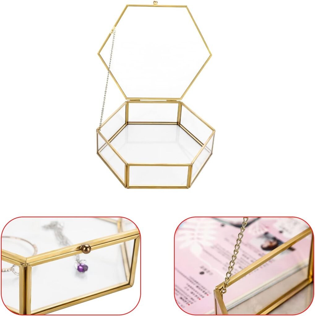 Hipiwe Gold Glass Box Jewelry Box Hexagonal Large Jewelry Display Organizer Vintage Wedding Card Box Keepsake Gift Box Home Decorative Box Trinket Box Case for Ring Bracelet Earrings Necklace Storage