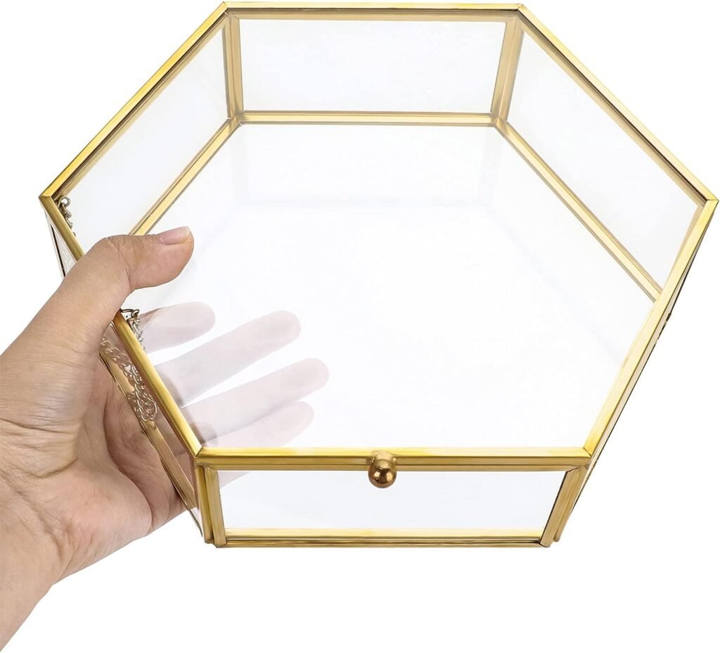 Hipiwe Gold Glass Box Jewelry Box Hexagonal Large Jewelry Display Organizer Vintage Wedding Card Box Keepsake Gift Box Home Decorative Box Trinket Box Case for Ring Bracelet Earrings Necklace Storage