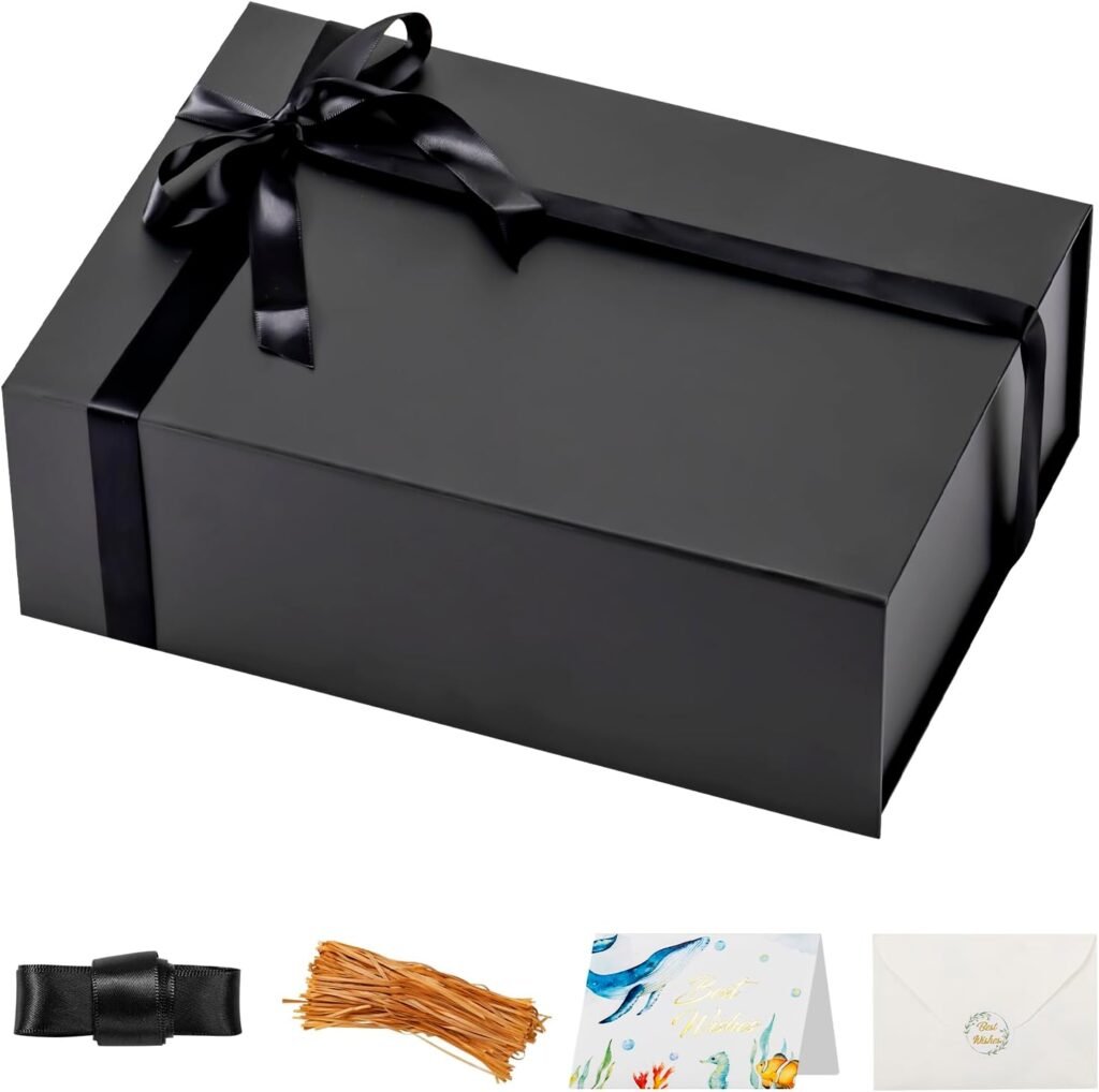 Large Black Gift Box with Lid for Present 13x9x4.4 Inches Gift Packing Magnetic Box for Gift Collapsible Decorative Gift Boxes Contains Card Ribbon Raffia Paper Filler Present Box for Christmas,