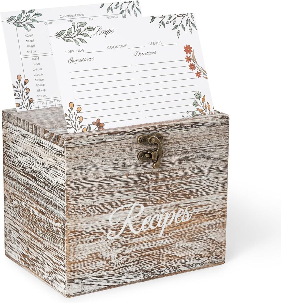 Wood Rustic Recipe Box with 100 Premium Double-Sided Cards, 10 Customizable Dividers 4x6 and 1 Measurement Conversion Table, Valentines Day Present