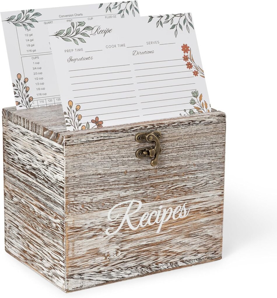 Wood Rustic Recipe Box with 100 Premium Double-Sided Cards, 10 Customizable Dividers 4x6 and 1 Measurement Conversion Table, Valentines Day Present