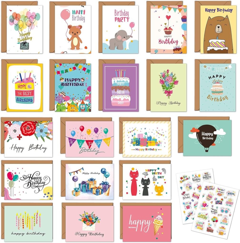 20 Pack Birthday Cards, Blank Cards With Envelopes and Stickers, 4x6 Inches Unique Happy Birthday Gift Cards Assortment in Bulk Greeting Cards for Family, Kids, Friends and Office