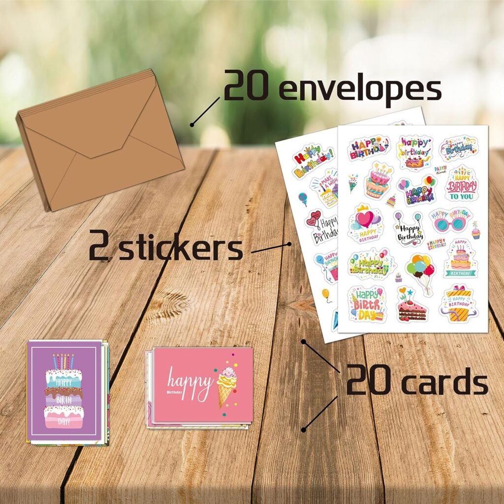 20 Pack Birthday Cards, Blank Cards With Envelopes and Stickers, 4x6 Inches Unique Happy Birthday Gift Cards Assortment in Bulk Greeting Cards for Family, Kids, Friends and Office