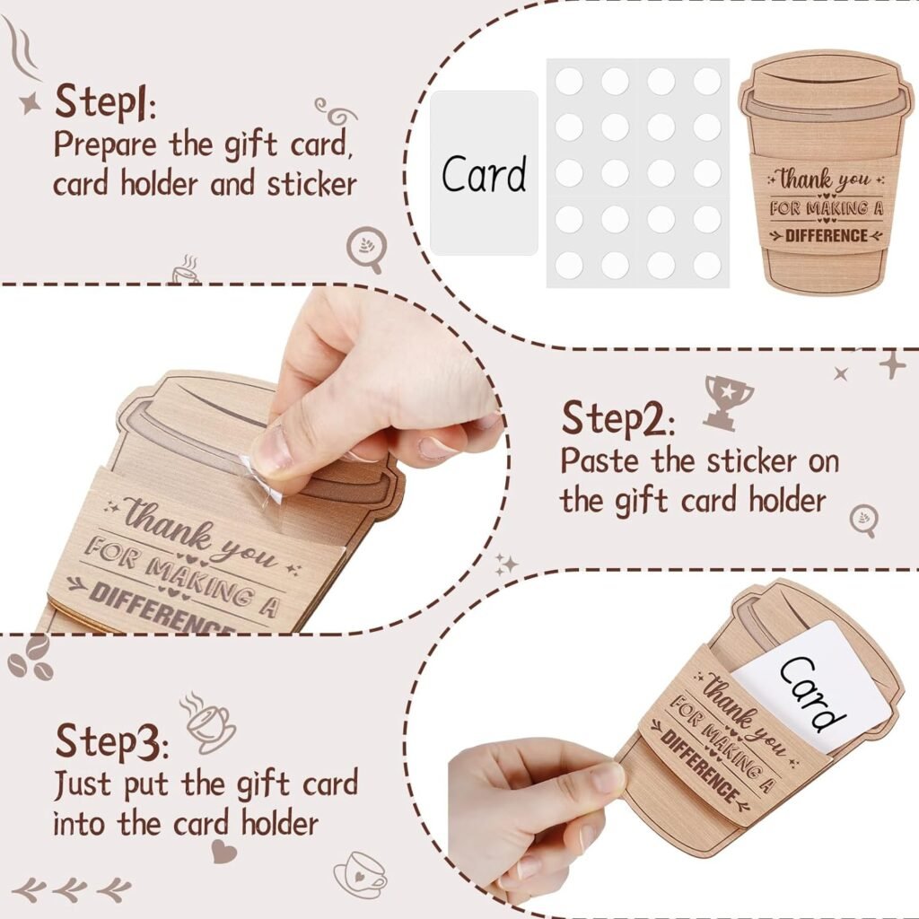 8 Pcs Happy Birthday Coffee Gift Card Holder Thanks a Latte Coffee Holiday Money Holder Cards Wooden Gift Card Sleeves Ornament for Birthday Appreciation Gifts Holiday Supplies
