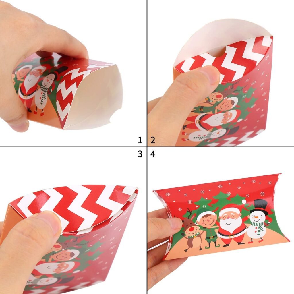 DIYASY Christmas Pillow Boxes,60 Pcs Gift Card Holders Small Treat Box in12 Xmas Designs for Small Gifts with Gold Twine