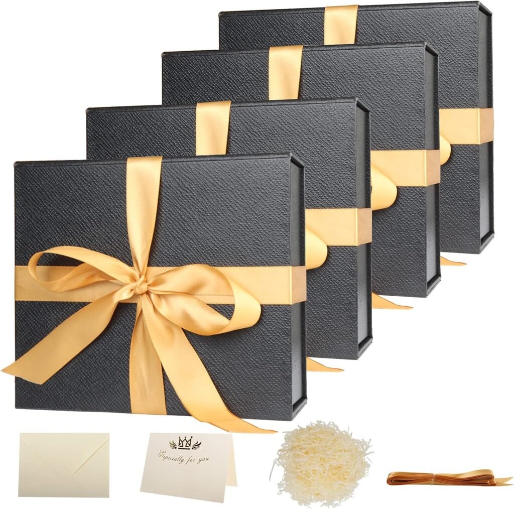 Gift Box with Lid black magnetic close Decorative Boxes for Christmas Thanksgiving Birthday Wedding Bridesmaid with Gift Card, Envelope, Ribbon, Shredded Paper Filler (8.27 X7.09 X 3 4Pcs)