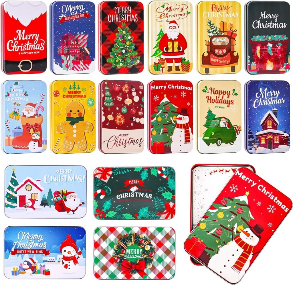 MGparty16 PCS Christmas Gift Card Tin Holder Boxes Unique Gift Card Tin Boxes Holders with Lids for Christmas Holiday Gift Box Set, Xmas Party Favors