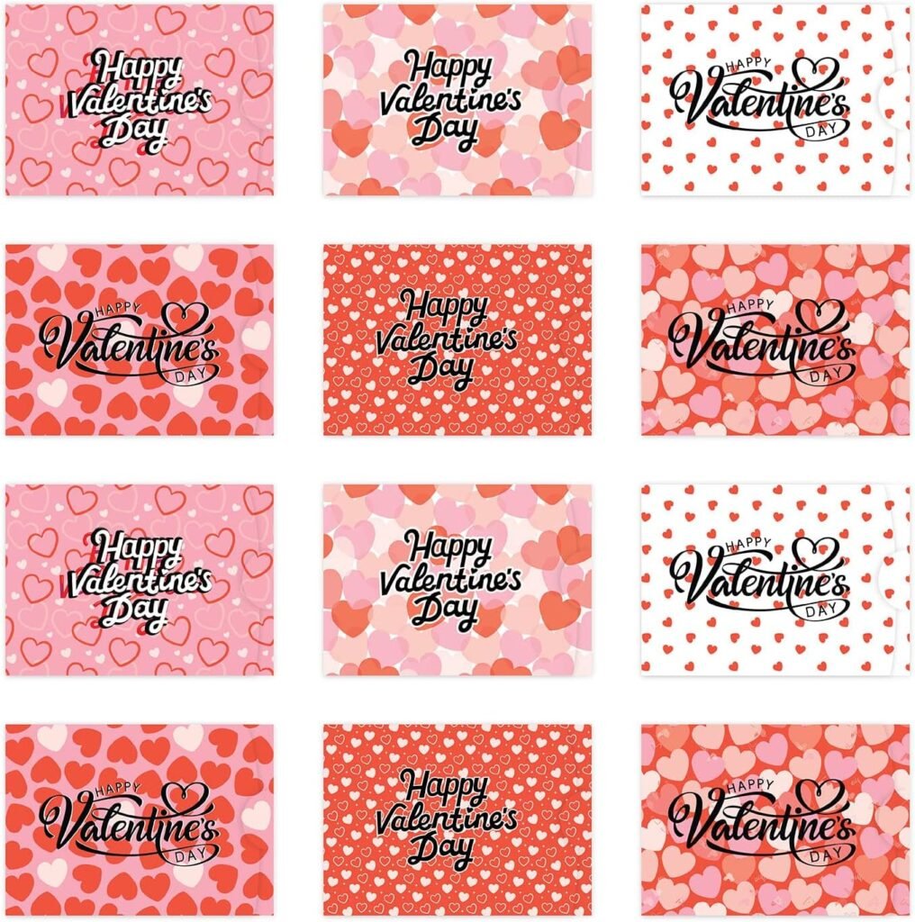 Andaz Press 12 Pack Assorted Happy Valentines Day Gift Card Holders 4.25 x 3-Inch Pink Red Credit Card Size Sleeves, Valentines Day Gift Card Holder for Kids, Teacher Valentine Card