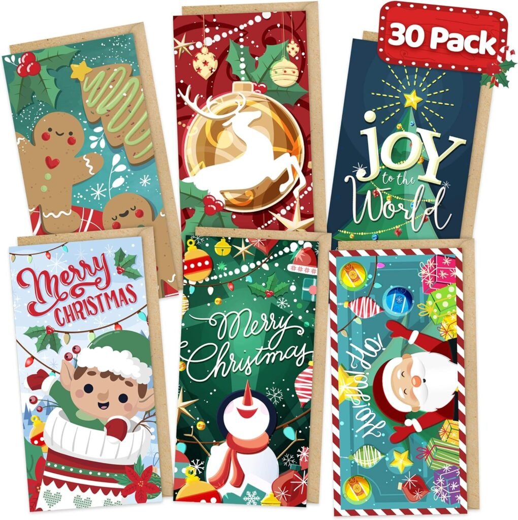 Christmas Money Card Holder Set - 30 Pack with Envelopes, Cash Gift Card Holders, Snow Festive Winter Holiday Box