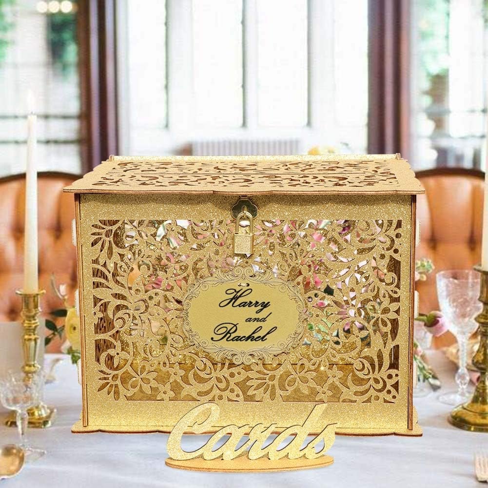 OurWarm Glittery Gold Wedding Card Box with Lock, Wood Gift Card Box for Wedding Reception, Wedding Money Envelope Card Box Holder for Party Graduation Birthday Baby Shower Decorations