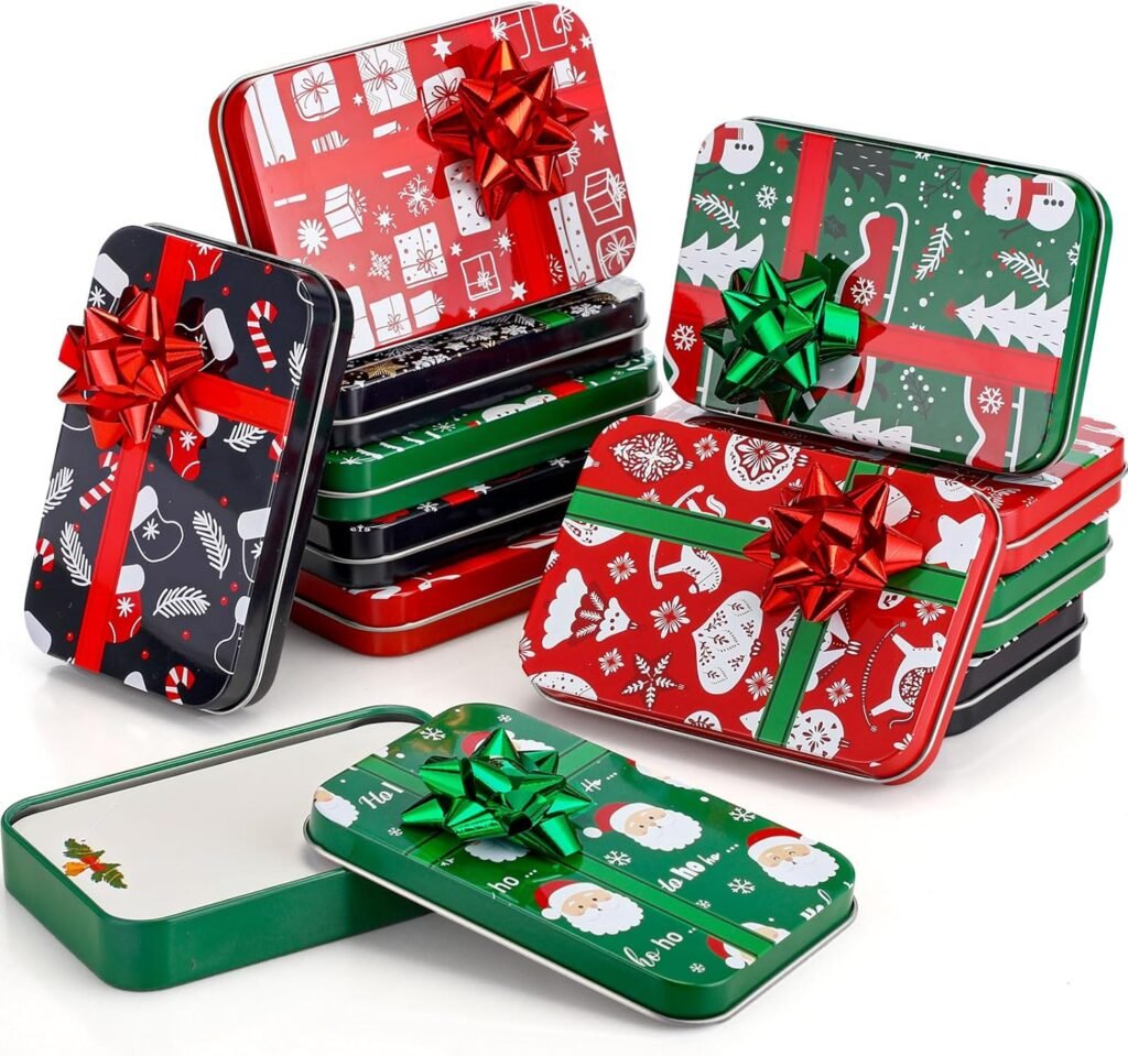 Yaocom 12 Sets Christmas Gift Card Holder Gift Tin Boxes Christmas Gift Boxes Metal Tin with Lid Greeting Cards and Gift Bows for Stocking Stuffers Holiday Decor Xmas Party Favors