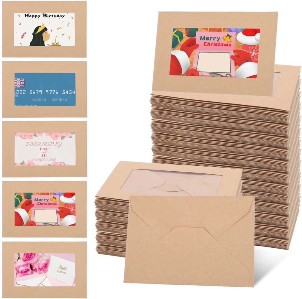 200 PC Gift Card Envelopes With Windows - 4.125” x 2.78” inch Mini Brown Kraft Envelopes for Business Cards and Gift Cards