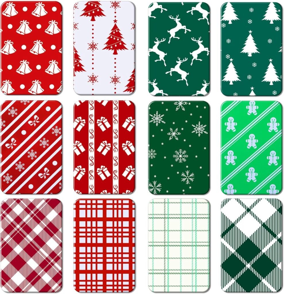 Blulu 12 Pcs Christmas Gift Card Holders, Plaid Patterns Tin Boxes Xmas Small Gift Card Box with Lids for Money Greeting Card Holiday Party Favors Gift Giving Stocking Stuffers, 4.92 x 3.15 x 0.6 Inch